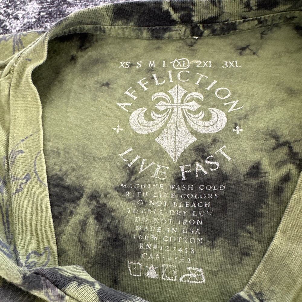 Size XL Affliction‎ Live Fast Men's Shirt Aztec Wings Army Green Vneck Tee - Picture 5 of 12